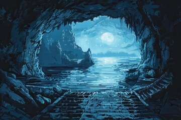 Mysterious moonlight over calm sea and rocky cave entrance