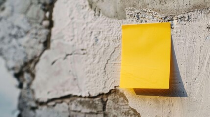 Close up of small blank yellow sticky note on white wall