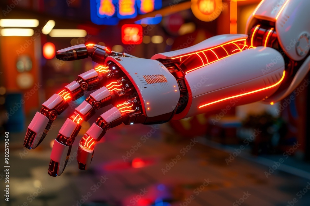 Poster futuristic robotic arm with glowing lights symbolizing advanced technology and digital innovation in