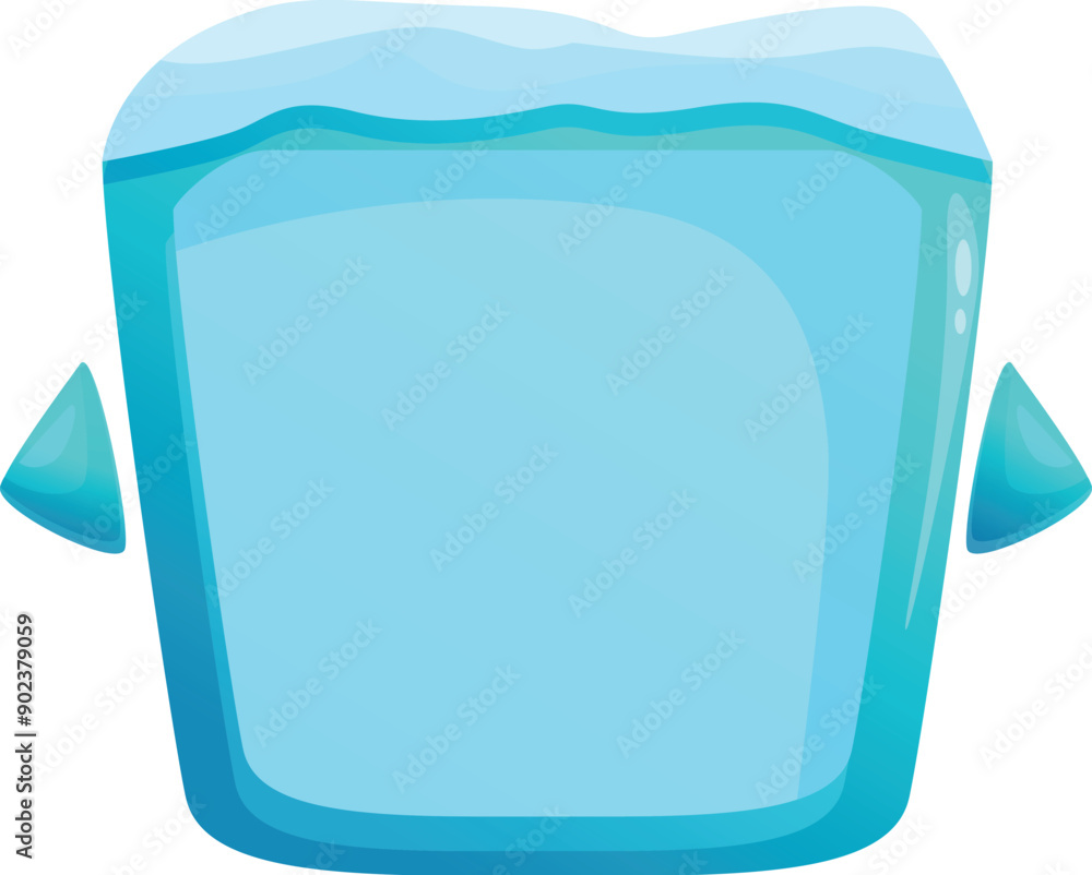 Poster cartoon style icon of a blue square ice cube floating in water with arrows on each side