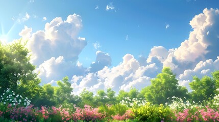 Meadow fluffy clouds float across the sky above picture