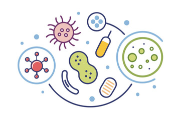 Probiotics bacteria, microbes, infection and pathogen cells concept editable stroke outline, icon set Vector illustration on white background.