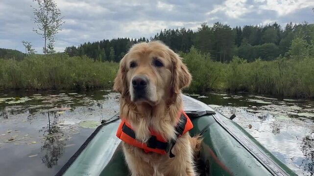 A calm, young, and joyful female Golden Retriever is sitting in an inflatable packraft boat wearing a life jacket, attentively watching for birds while her owner paddles the kayak