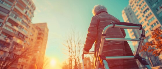Obraz premium A person uses a walker to navigate the city. AI.