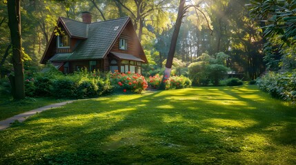 Fototapeta premium Lawn cozy surrounded by forest and bushes img