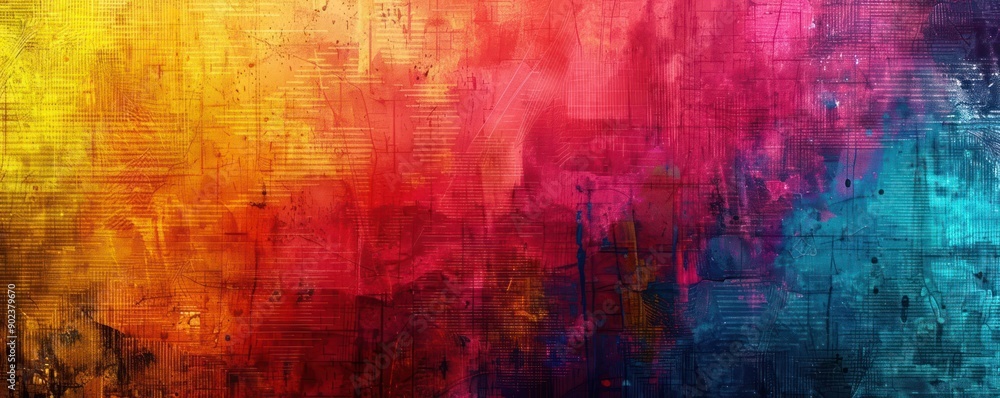 Poster lively and abstract grunge art wall with vibrant colors and textured layers, creating a dynamic and 