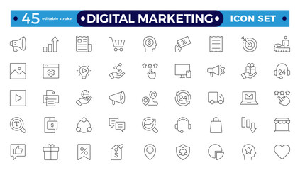 Digital marketing icons set. Content, search, marketing, e-commerce, SEO, electronic devices, internet, analysis, social. Editable stroke outline icon.
