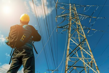 Worker in Yellow Hard Hat Looking Up at an Electrical Transmission Tower