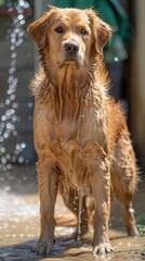 Fototapeta premium A wet golden retriever dog stands in the water, looking up. AI.