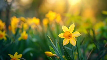 Golden narcissus blooms in the spring garden img