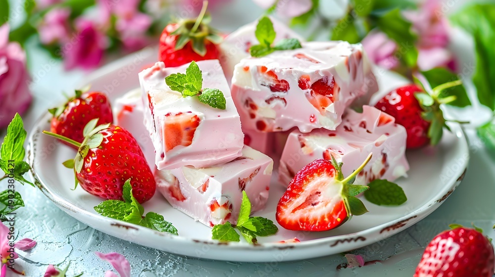 Wall mural strawberry nougat decorated with fresh strawberries