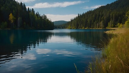 Obraz premium The lake’s calm waters illuminated by the warm tones of a winter morning