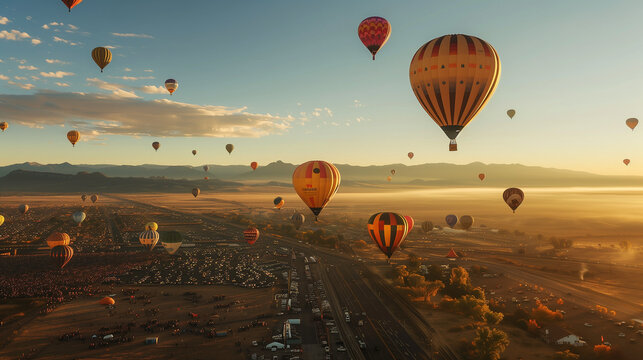 Albuquerque International Balloon Fiesta, view from above with hundreds of hot air balloons floating in the sky, Ai generated Images