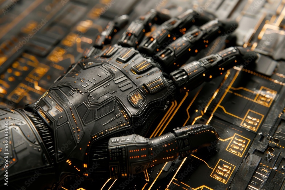 Poster futuristic robotic arm with intricate details symbolizing advanced technology and digital innovation