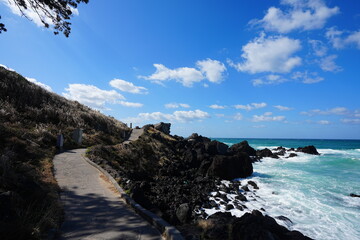 seaside walkway and wild waves
