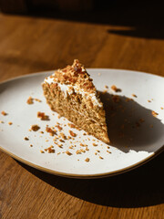 delicious Napoleon cake on a wooden table in a beautiful bar