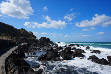 seaside walkway and wild waves