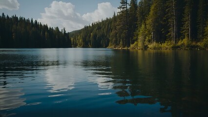 Naklejka premium The lake’s peaceful surface highlighted by the vibrant colors of a summer twilight