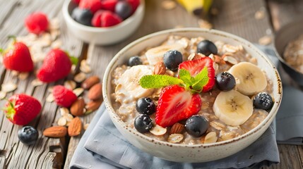 Oatmeal topped with fresh berries banana slices img