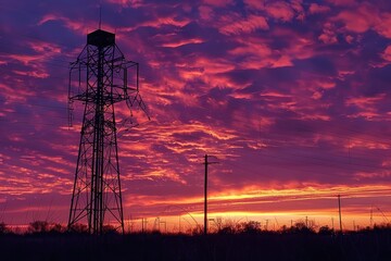 Silhouetted Power Lines Against a Dramatic Sunset Sky