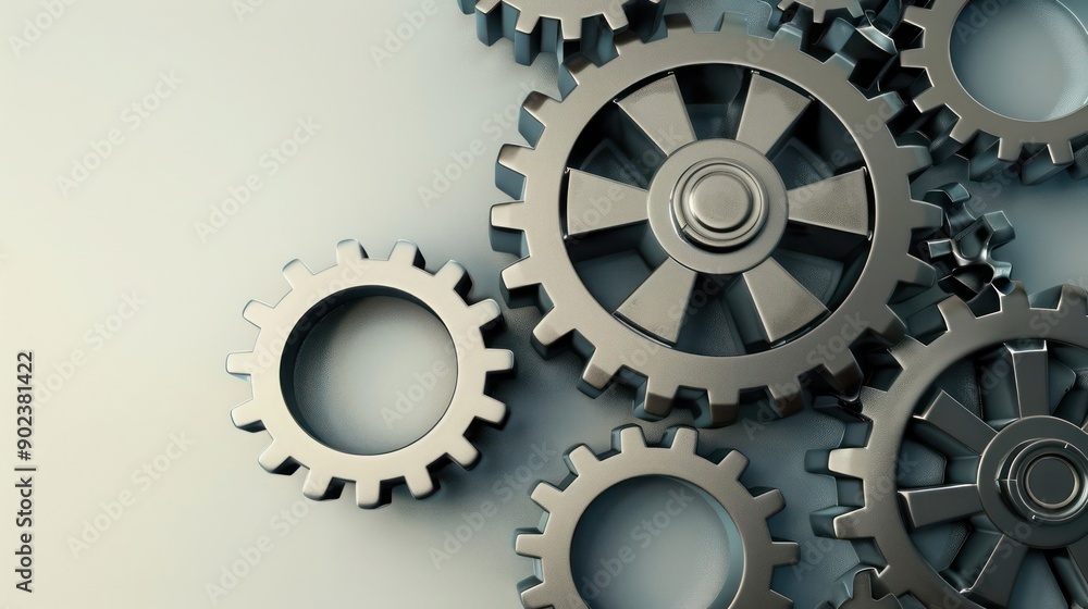 Poster minimalist design of gears turning smoothly together against a neutral background, suggesting effici
