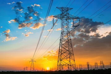 Power Transmission Towers Silhouetted Against a Colorful Sunset