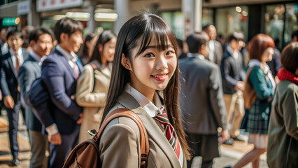Fototapeta premium A Japanese school girl is walking in front of a train station. She turns and smiles at the camera