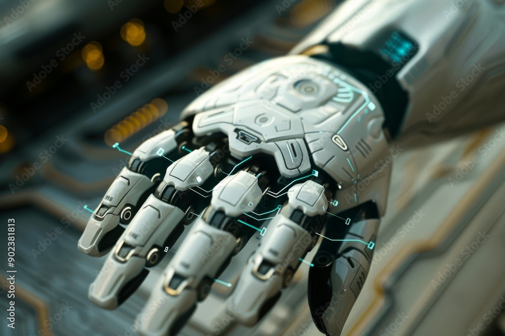 Poster futuristic robotic hand with digital elements symbolizing advanced technology and artificial intelli