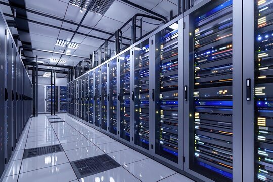 Modern data center interior with multiple server racks housing state-of-the-art telecommunication equipment.