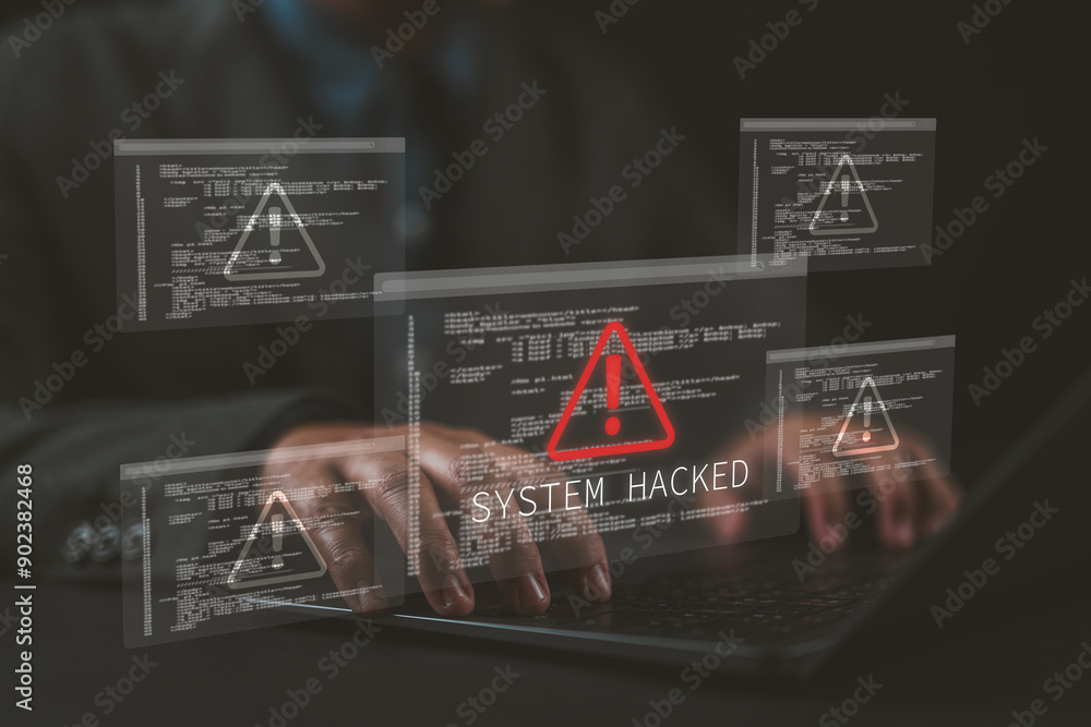 Poster Cybersecurity alert concept. Person using laptop with multiple warning symbols displayed, indicating cyber security alert. importance of digital security and data protection, Cybercrime and virus,