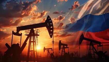 oil pumps on the background of the Russian flag