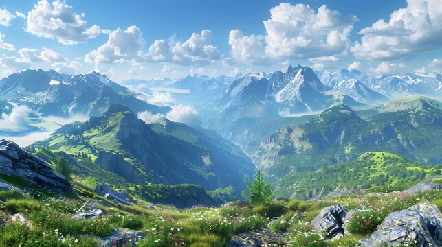 Panorama of a wide mountain range with many