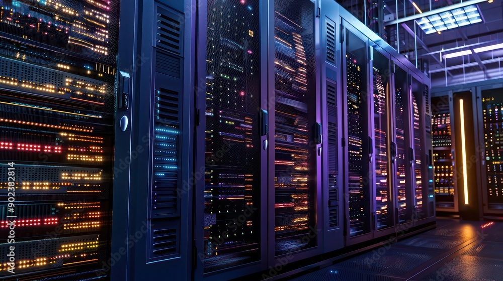 Poster modern data center with multiple server racks housing telecommunication equipment, highlighted by am