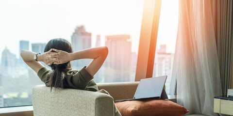 Work -life balance, living quality and carefree mental health concept with young woman take it easy...