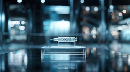 A transparent acrylic podium floating above a dark stage, displaying a futuristic weapon.