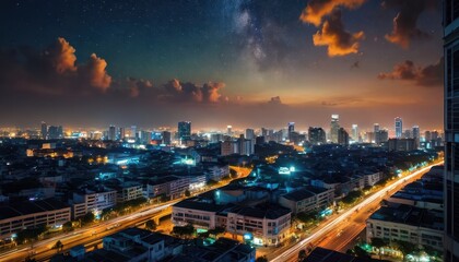 Fototapeta premium Night Cityscape with Milky Way and Light Trails.