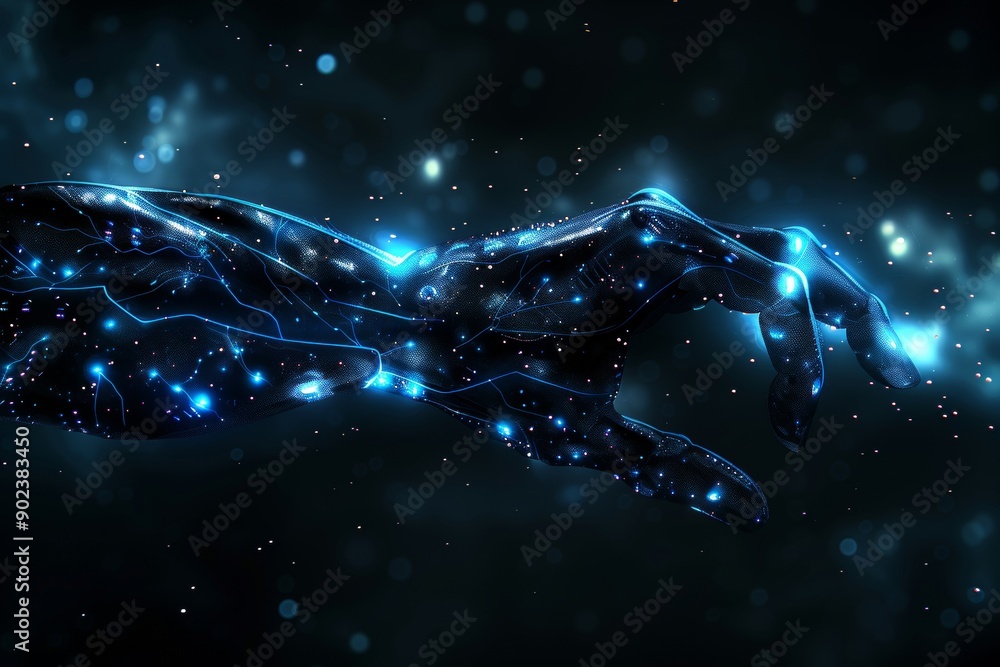 Poster futuristic robotic hand with neon circuits representing advanced technology and digital innovation i