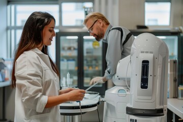 Obraz premium A Woman Examining a Medical Device in a Laboratory Setting