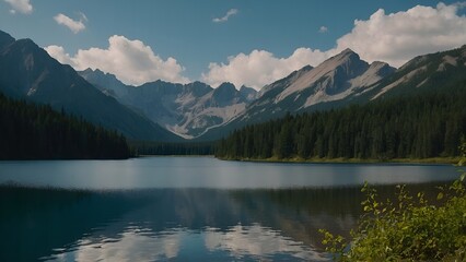 A beautiful lakeside view with reflections of a tranquil spring evening