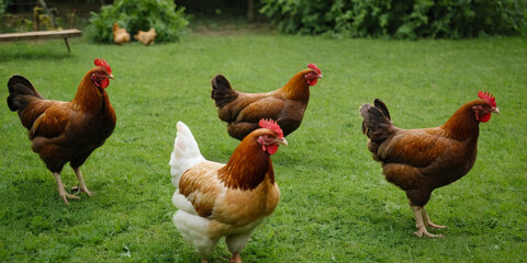Fototapeta premium Free range chicken farm with chicken in garden outdoors