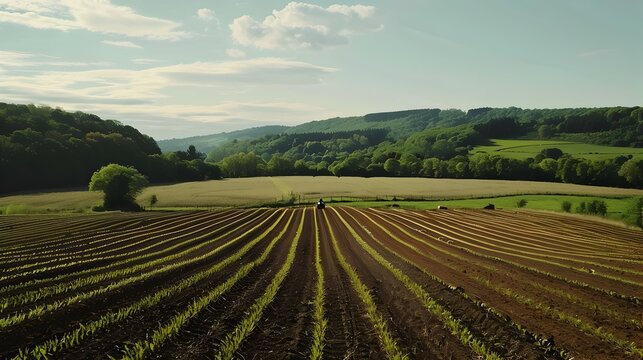The arable land is wide with even rows picture