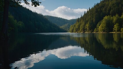 The lake&rsquo;s tranquil surface highlighted by the gentle hues of a spring evening