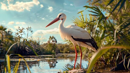 A white stork with long red legs © Yelena