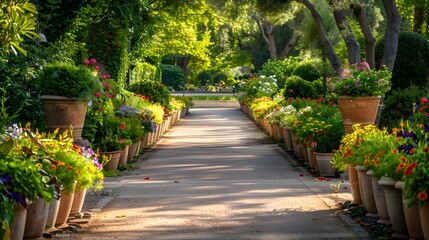 The alley leads through a blooming botanical garden image