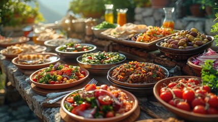 Fototapeta premium Mediterranean Mezze Spread with Vibrant Fresh Ingredients Captured in Crystal-Clear Detail