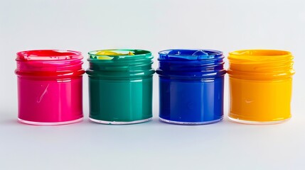 A group of four different colored paint cans sitting next to each other