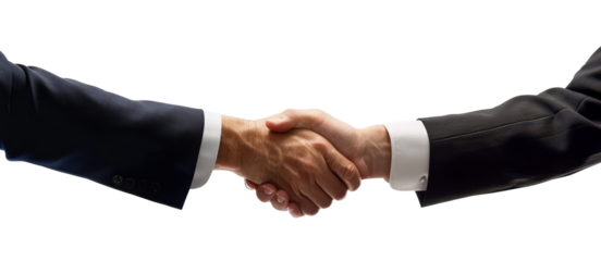 Businessmen shaking hands in a formal setting with a white background, emphasizing traditional business values