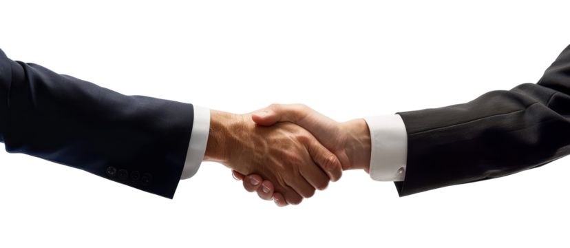 Businessmen shaking hands in a formal setting with a white background, emphasizing traditional business values