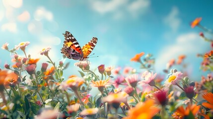 A butterfly hovering over flowering bushes its wings img