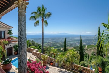 Fototapeta premium Mediterranean Villa View: Terrace with Palm Trees and Ocean Horizon